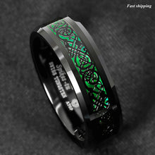 Load image into Gallery viewer, 8mm Tungsten Ring Black Celtic Dragon Green Carbon Fiber ATOP Mens Wedding Band