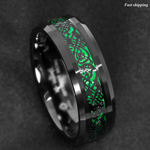 Load image into Gallery viewer, 8mm Tungsten Ring Black Celtic Dragon Green Carbon Fiber ATOP Mens Wedding Band