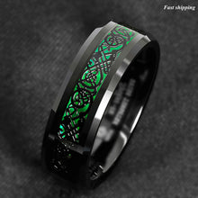 Load image into Gallery viewer, 8mm Tungsten Ring Black Celtic Dragon Green Carbon Fiber ATOP Mens Wedding Band
