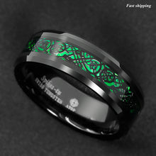 Load image into Gallery viewer, 8mm Tungsten Ring Black Celtic Dragon Green Carbon Fiber ATOP Mens Wedding Band
