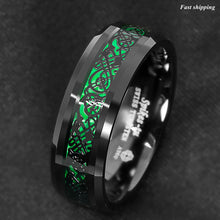 Load image into Gallery viewer, 8mm Tungsten Ring Black Celtic Dragon Green Carbon Fiber ATOP Mens Wedding Band
