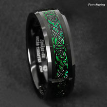 Load image into Gallery viewer, 8mm Tungsten Ring Black Celtic Dragon Green Carbon Fiber ATOP Mens Wedding Band
